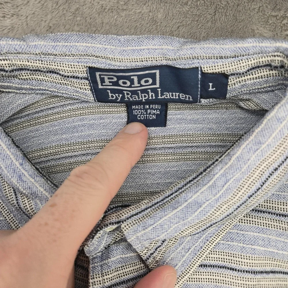 Polo Ralph Lauren Polo Shirt Mens L Blue Striped Pima Cotton Pocket